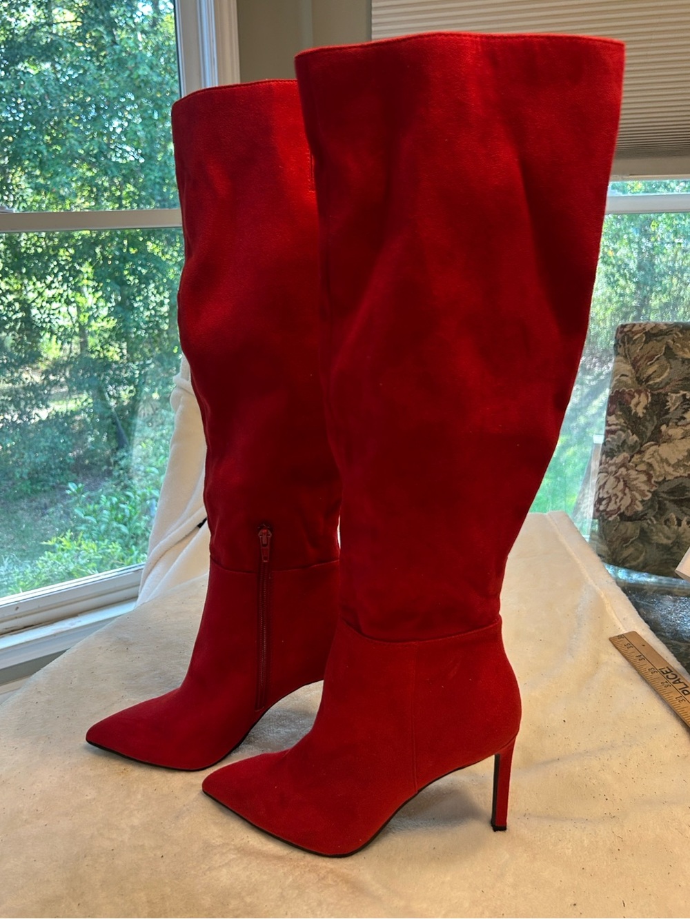 Open Edit Red Knee-High Suede Stiletto Boots - Women
